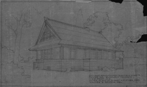 [Exterior perspective view from the south east of cottage for Elmhurst Light & Power Company, Elmhurst, Illinois, 1] [picture] / Walter Burley Griffin