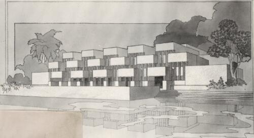 Perspective of library and museum for the Raja of Mahmudabad, 1937, [2] [picture] / [designed by Walter Burley Griffin; drawn by Marion Mahony Griffin]