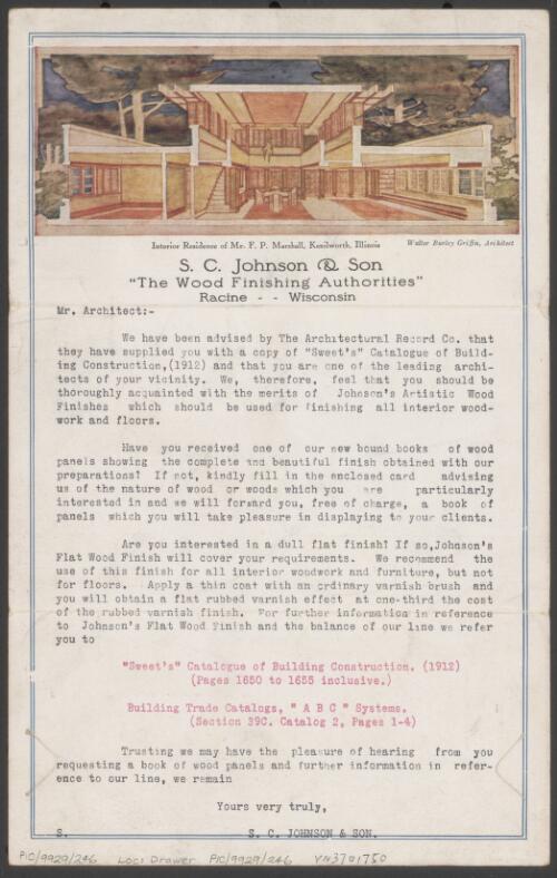 Advertising circular for S.C. Johnson & Son, featuring the interior view of residence for Mr. F.P. Marshall, Kenilworth, Illinois, [1] / Walter Burley Griffin