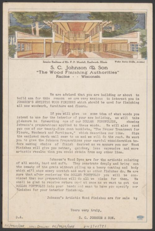 Advertising circular for S.C. Johnson & Son, featuring the interior view of residence for Mr. F.P. Marshall, Kenilworth, Illinois, [2] / Walter Burley Griffin