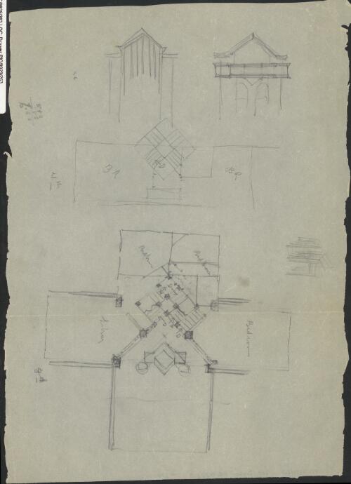 Sketches for cruciform house plan with two elevations [picture] / [Walter Burley Griffin]