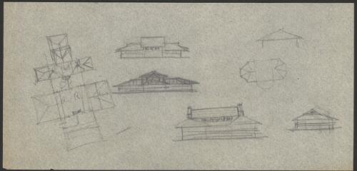 Sketch elevations, floor plan and bird's eye view for American house [picture] / [Walter Burley Griffin]