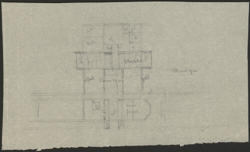 Sketch plan labelled stalls, courtyard, men's quarters and bridge [picture] / [Walter Burley Griffin]