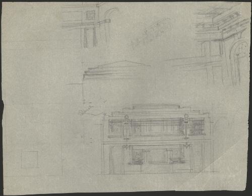Elevation of a facade of an urban building with  arch sketches  and roof profile [picture] / [Walter Burley Griffin]