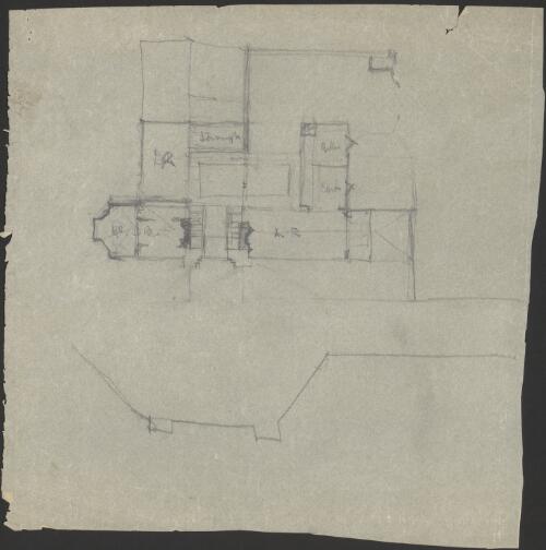 Sketch floor plan including billards room and carel room with octagonal port chochere [picture] / [Walter Burley Griffin]
