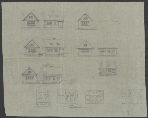 10 sketch elevations and 4 floor plans for unidentified prairie house [picture] / [Walter Burley Griffin]