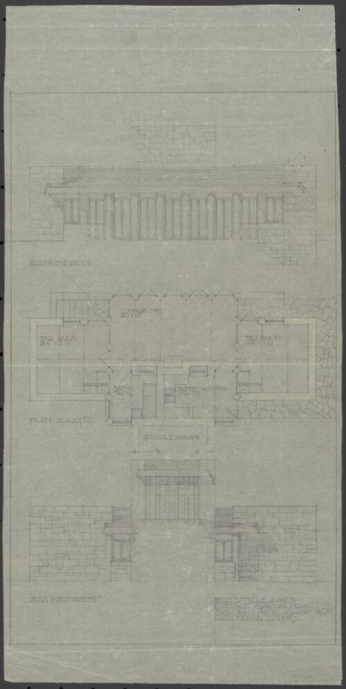 Sketch floor plan and north and south elevations for cottage for Miss Estelle James, Avalon, New South Wales [picture] / Walter Burley Griffin