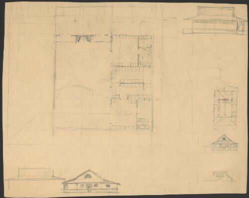 Sketch plan and various elevations for Locker Room [picture] / [Walter Burley Griffin]