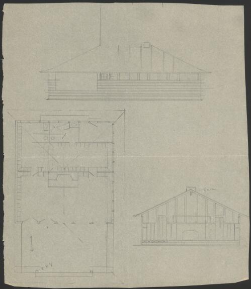 Sketch floor plan, elevation and section of Locker Room [picture] / [Walter Burley Griffin]