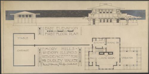 East elevation and floor plan for Emory Hills development, Wheaton, Illinois, residence for Mr. Dudley Walker [picture]  / Walter Burley Griffin