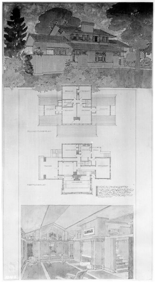 Marion Mahony Griffin plans and perspective view of Ralph Griffin house, Edwardsville, Illinois [picture] / Walter Burley Griffin