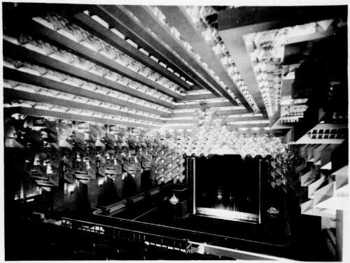 Interior view of ceiling and stage, inside main theatre, Capitol Theathre, Swanston Street, Melbourne, Victoria, 1924 [picture] / [Walter Burley Griffin]