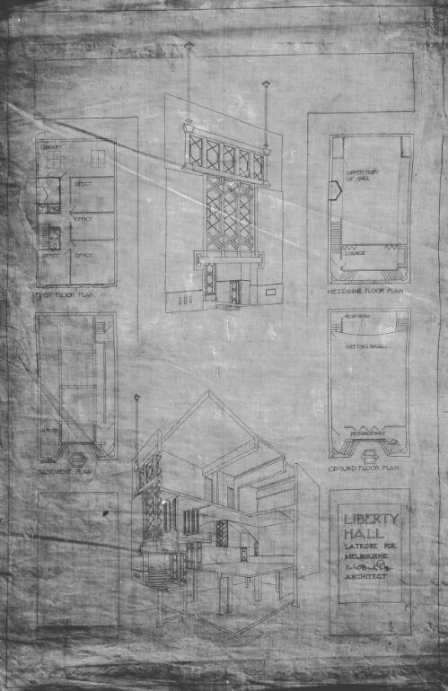Plans and cross section for Liberty Hall, LaTrobe Parade, Melbourne, Victoria, [2] / [Walter Burley Griffin]
