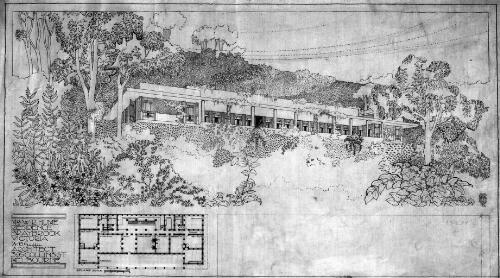Plan and perspective view of Mr. W. R. Hume residence, Braybrook, Victoria, [ca.1920] [picture] / Walter Burley Griffin