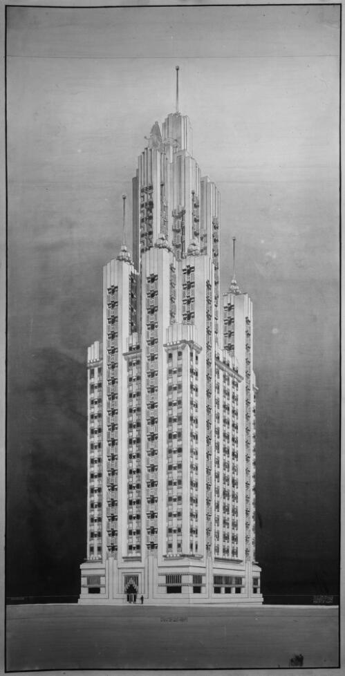 Competition entry perspective eye level correct view from 5' of Tribune Tower, Chicago, U.S.A., [1922] [picture] / Walter Burley Griffin