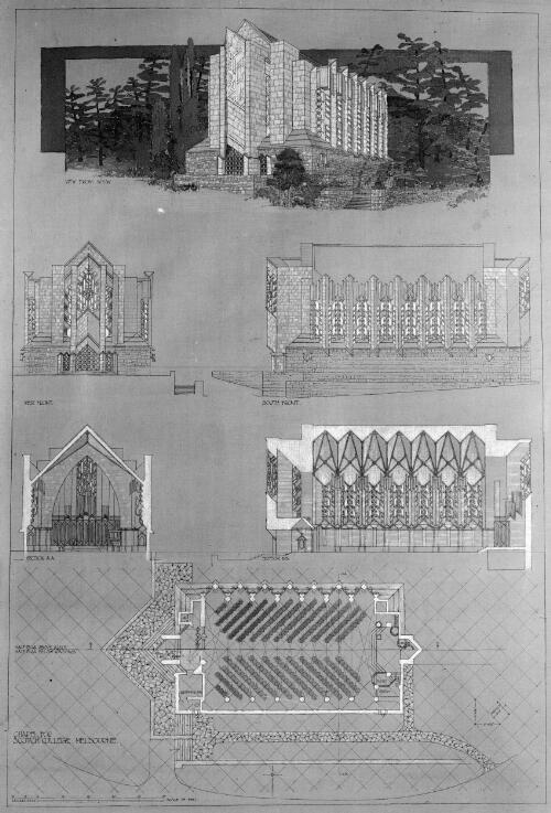 Perspective, plan and elevations of Griffin competition entry for Memorial Chapel at Scotch College, Hawthorn, Victoria, 1933, [2] [picture]