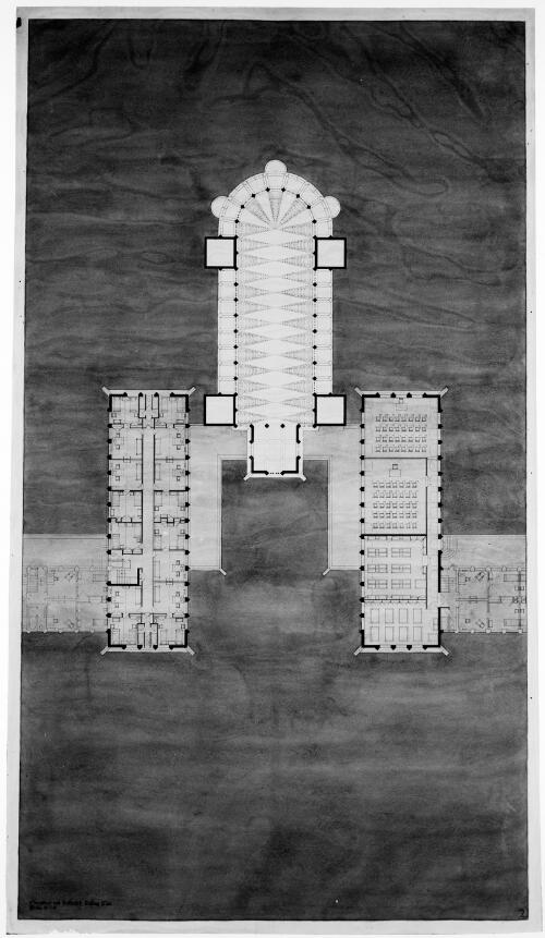 Clerestory and reflected ceiling plan and upper floor plans of adjoining college wings, Newman College Chapel, University of Melbourne, Victoria, ca. 1915, [2] [picture] / [Walter Burley Griffin and Eric Milton Nicholls]