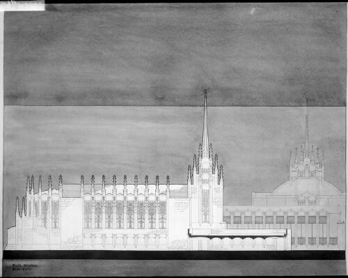 South elevation and cross section through entry quadrangle of Newman College Chapel, University of Melbourne, Victoria, ca. 1915, [2] [picture] / [Walter Burley Griffin and Eric Milton Nicholls]