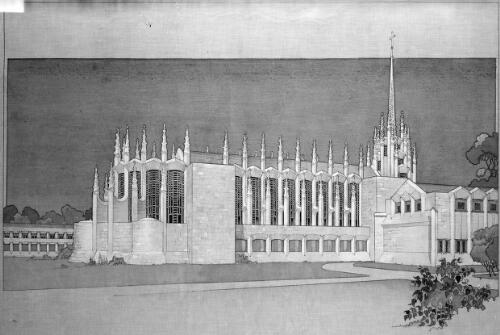Perspective from the south west of Newman College Chapel, University of Melbourne, Victoria, ca. 1915, [2] [picture] / [Walter Burley Griffin]