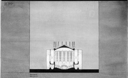 Cross section through sanctuary and choir stalls, Newman College Chapel, University of Melbourne, Victoria, ca. 1915, [1] [picture] / [Walter Burley Griffin and Eric Milton Nicholls]