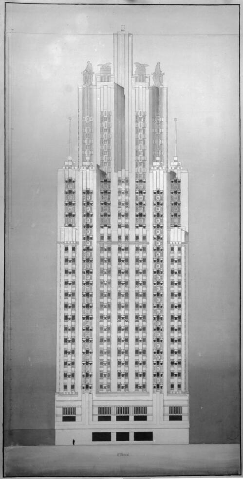 Exterior side elevation perspective of Chicago Tribune Tower, ca. 1921, [2] [picture] / [Walter Burley Griffin]