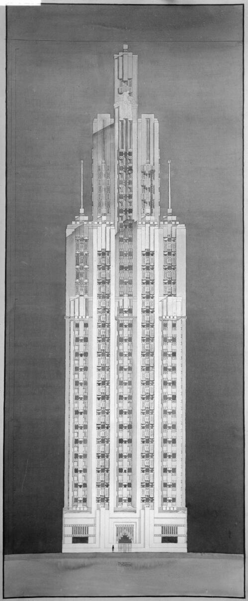 Exterior side elevation perspective of Chicago Tribune Tower, ca. 1921, [4] [picture] / [Walter Burley Griffin]