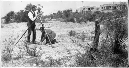 Exterior views of Castlecrag houses and surveyor with theodolite in foreground, [2] [picture] / [Walter Burley Griffin]