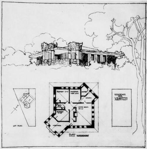 Elevation, lot plan and plan for Cox residence, Castlecrag, Sydney, New South Wales, [2] [picture] / Walter Burley Griffin