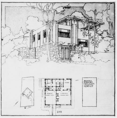 Exterior perspective, site plan and floor plan for Alfred Gamble residence, Lot 73, The Rampart, Castlecrag, Sydney, New South Wales, [3] [picture] / Walter Burley Griffin