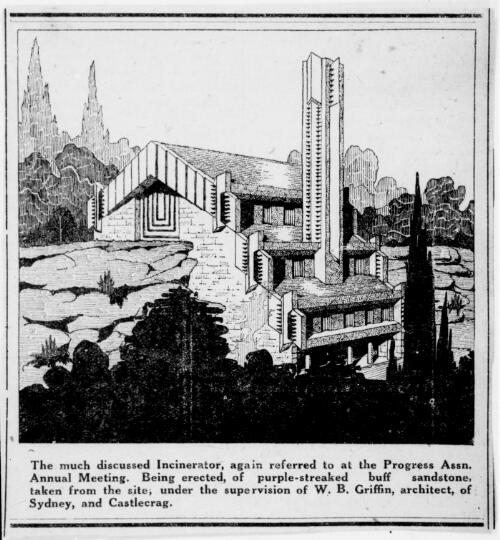 Drawing of the planned incinerator for Willoughby, New South Wales [picture] / [Walter Burley Griffin]
