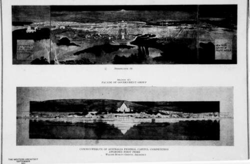 Walter Burley Griffin's winning competition submission in Commonwealth of Australia Federal Capitol Competition: Perspective (B) and Section (C) facade of government group, 1912, [2] [picture] / Walter Burley Griffin