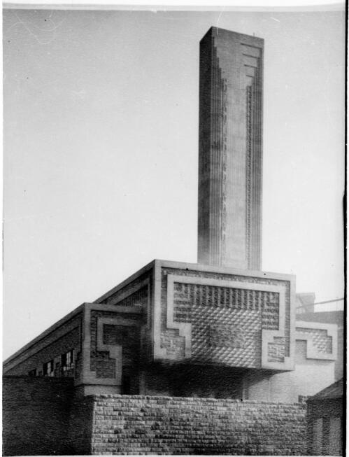 Exterior view of Pyrmont Incinerator from south-west, Sydney, New South Wales, 1935, [2] [picture] / Walter Burley Griffin, E. M. Nicholls