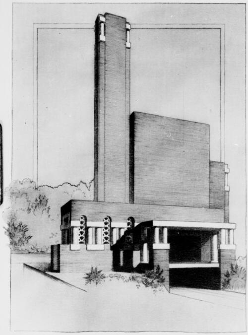 Perspective view of incinerator, Thebarton, South Australia, ca. 1937, [3] [picture] / Walter Burley Griffin and Eric Milton Nicholls