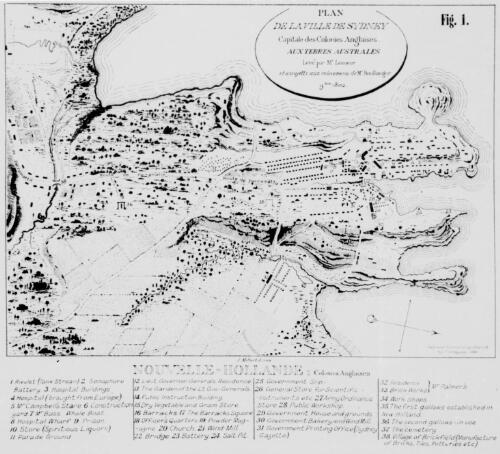 Plan de la ville de Sydney [cartographic material] : capitale de colonies anglaises aux terres Australes / levé par Mr. Lesueur et assujetti aux relevemens de Mr. Boullanger 9 bre 1802 ; J. Milbert direx