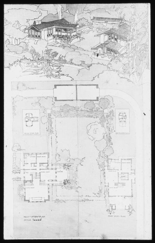 Perspective rendering of Comstock house, Evanston, Illinois, United States of America [transparency] / [Walter Burley Griffin]