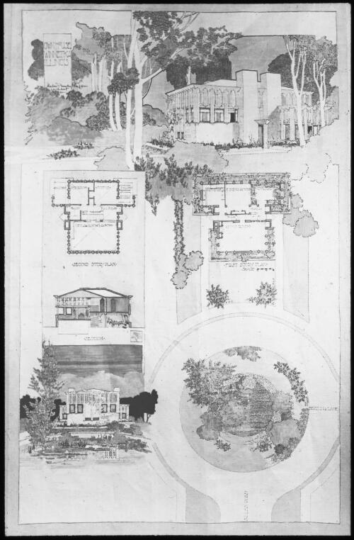 Perspective rendering of Walter Burley Griffins own house at Winnetka, Illinois [1] [transparency] / Walter Burley Griffin
