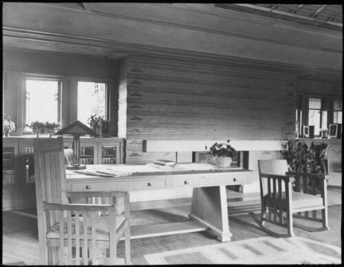 Interior of Adolph Mueller House, study with brick fireplace, Decatur, Illinois, ca. 1910, [2] [transparency]
