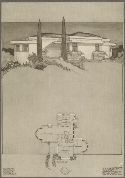 Perspective and plan for M. W. Hawksford Esq. Residence, Abbotsleigh Road, Wahroonga [picture] / Walter Burley Griffin
