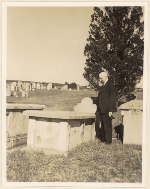 Gregory M. Mathews at grave of John William Lewin in Botany ("Sandhills") cemetary, near Sydney, 29 June 1940 [picture]