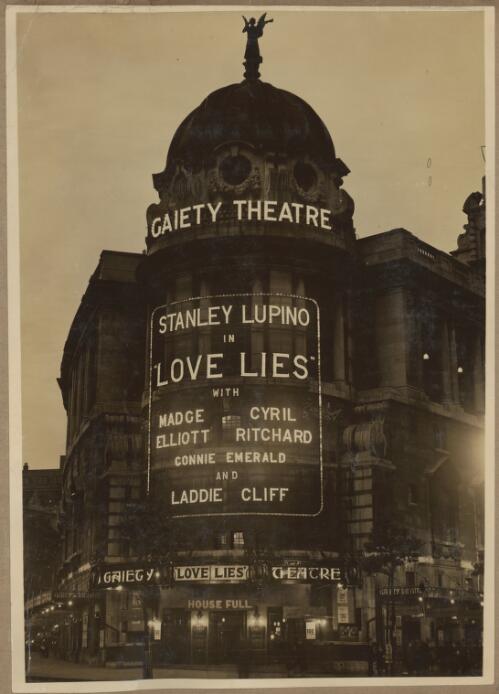 [Exterior of the Gaiety Theatre, London, with the stars of the production Love lies in lights; Stanley Lupino, Madge Elliott, Cyril Ritchard, Connie Emerald and Laddie Cliff] [picture]