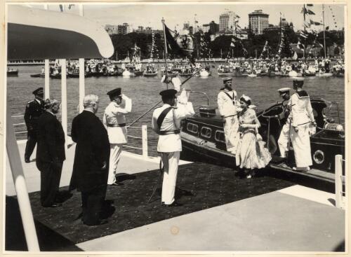 Queen Elizabeth the Second alighting the Royal Barge in Sydney Harbour 1954 [picture]