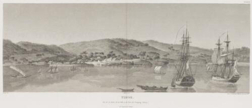Timor, vue de la rade, de la ville et du fort de Coupang (Kupang) [picture] / Lesueur del.; grave a l'eau-forte par Pillement, termine par Nee; J. Milbert direx