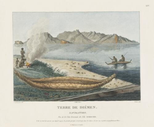 Terre de Diemen, navigation, vue de la cote orientale de l'Ile Schouten [picture] / C.A. Lesueur del.; Fortier sculp.; J. Milbert direx