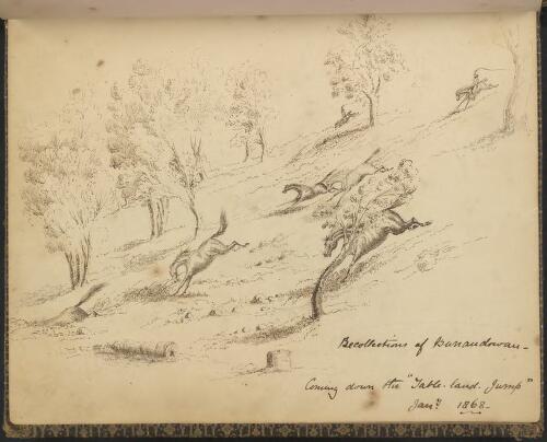 Recollection of  Burrandowan, coming down the 'table land, jump', January, 1868 [picture] / Richard W. Stuart