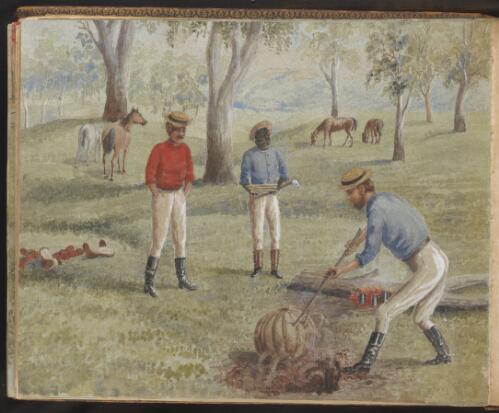 [Drawing of three men around campfire, Peak Downs, Queensland, 1] [picture] / R. W. Stuart