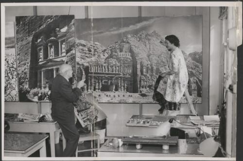 Frank Hurley and daughter working on a large photograph [picture]
