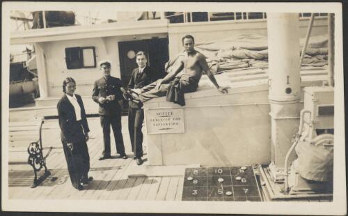 Fourth officer, Paul Petroff, unidentified dancer and crew on board the Maloja, September, 1938 [picture] / Patricia Mary Cape
