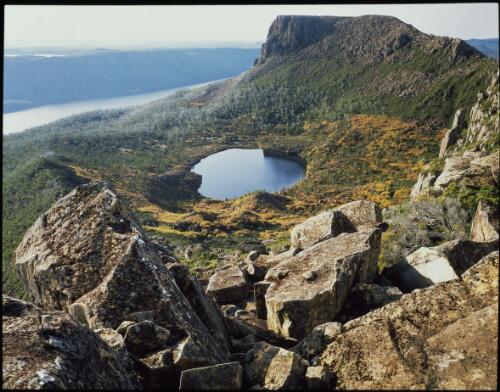 Mount Olympus and Lake St Clair beyond, Cradle Mountain-Lake St Clair National Park, Tasmania, 1994, 1 [transparency] / Peter Dombrovskis