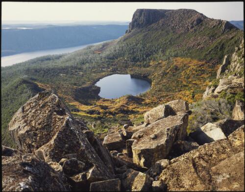 Mount Olympus and Lake St Clair beyond, Cradle Mountain-Lake St Clair National Park, Tasmania, 1994, 2 [transparency] / Peter Dombrovskis