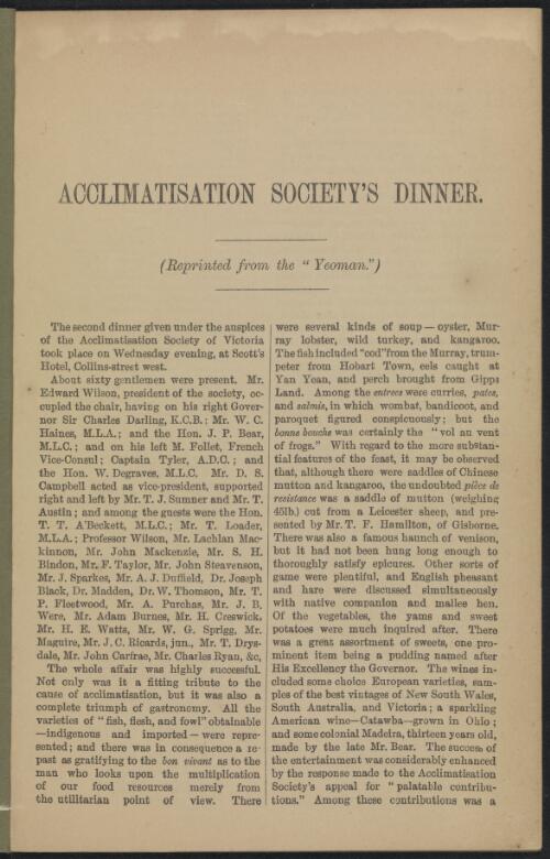 Acclimatisation Society's dinner : held at Scott's Hotel, Collins Street West, on Wednesday, July 6, 1864